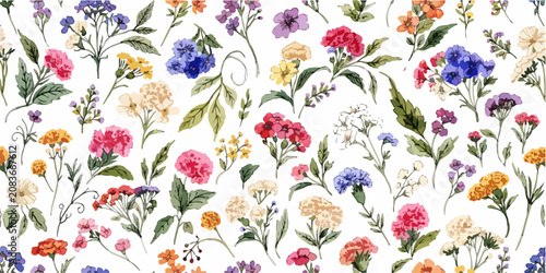 Fresh Botanical Watercolor Pattern Filled with Blooming Flowers and Elegant Artistic Nature Details
