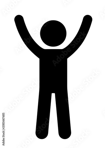 Billede på lærred Simple black stick figure icon standing with arms raised up in celebration or vi