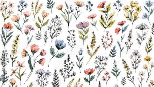 Vintage Inspired Watercolor Flower Pattern with Delicate Botanical Arrangement and Colorful Blossoms
