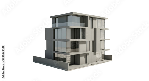 Matte gray minimalist townhouse 3d model with reflective glass walls emerging from a sepia technical blueprint background, featuring dramatic chiaroscuro lighting. Concept of architectural design