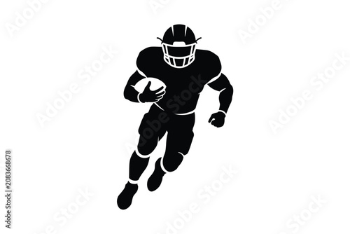 Black silhouette vector graphic of an American football player running with a ball held firmly against his torso while wearing a protective helmet and athletic gear isolated on a plain white backgroun