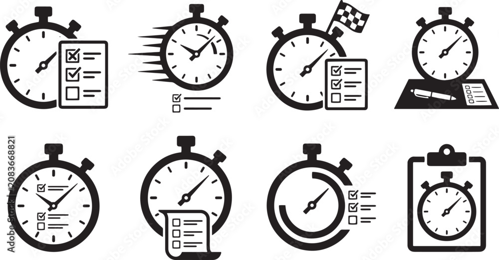 Fototapeta premium Stopwatch icons, timer symbols, clock illustrations, time management graphics, vector set isolated on Transparent Background