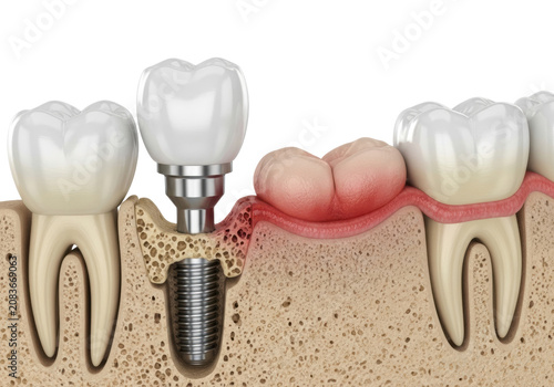 hyper-detailed 3d medical illustration of a dental implant cross-section showing severe peri-implantitis, alveolar bone loss, and inflamed gingival tissue. Didactic model for dental education