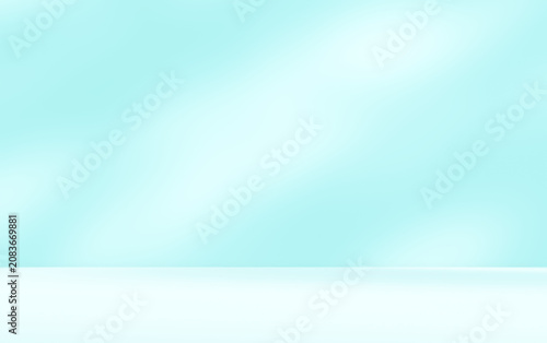 Empty blue green turquoise room studio with shadow of leaves for product presentation. Sunlight effect shadow. Minimal winter backdrop. Cosmetic, beauty and fashion showroom.