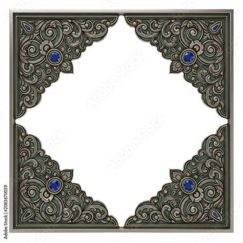 symmetrical, antique bronze lai thai architectural ornaments with intricate floral carvings, patina, and deep sapphire gems, framing transparent copy space. concept of opulent asian artistry