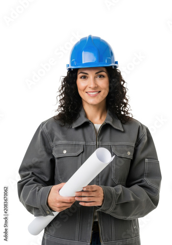 professional caucasian female engineer (30s), curly hair, blue hard hat, gray jacket, holding rolled blueprints, smiling confidently against a brilliant white studio cyclorama with copy space,