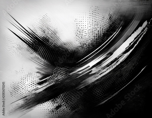 black and white abstract halftone texture with brush strokes and grunge effect modern digital art background creative textured pattern contemporary artistic composition