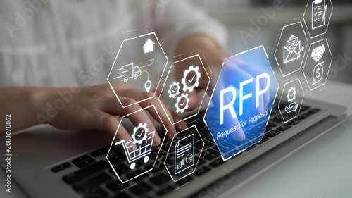 Canvas Print Digital Concept of Request for Proposal Process with Hands Typing on Laptop and Graphic Icons Representing Business Ideas and Strategies
