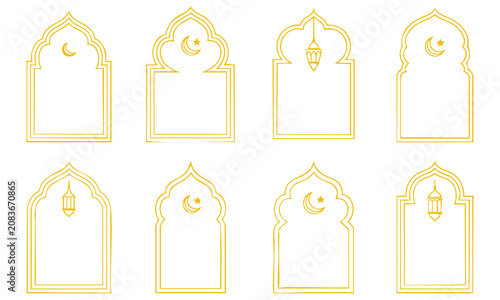 Elegant Islamic Arch Frame Set Collection with Golden Outline, Minimal Ramadan and Eid Mubarak Decorative Window Borders Vector Template
