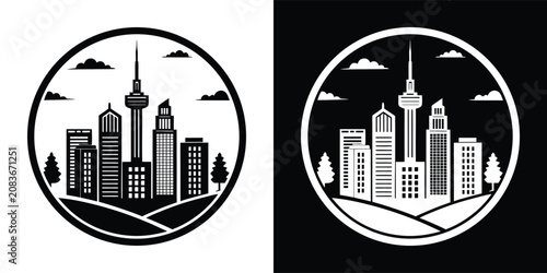 Obraz na płótnie Minimalist circular city skyline icon with towers and tall buildings