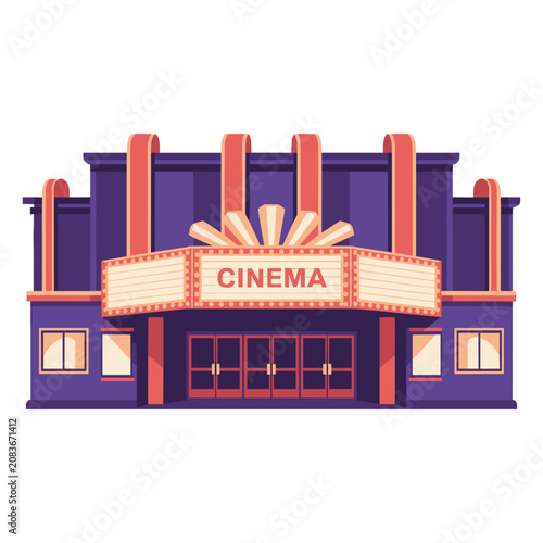 Classic retro cinema building exterior with illuminated marquee signage and architectural details in a flat vector illustration design style for entertainment