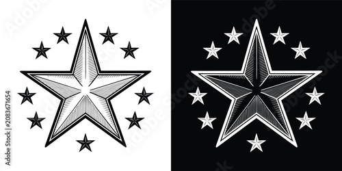 Fotografie Engraved style star symbol with smaller surrounding stars in black white