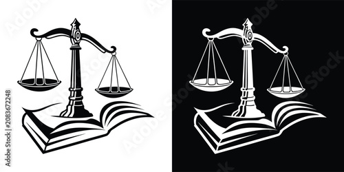 Photos Black and white illustration of legal scales on open book
