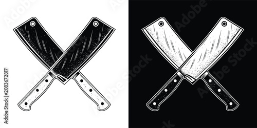 Canvas Print Two crossed sharp meat cleavers in a vintage etched style