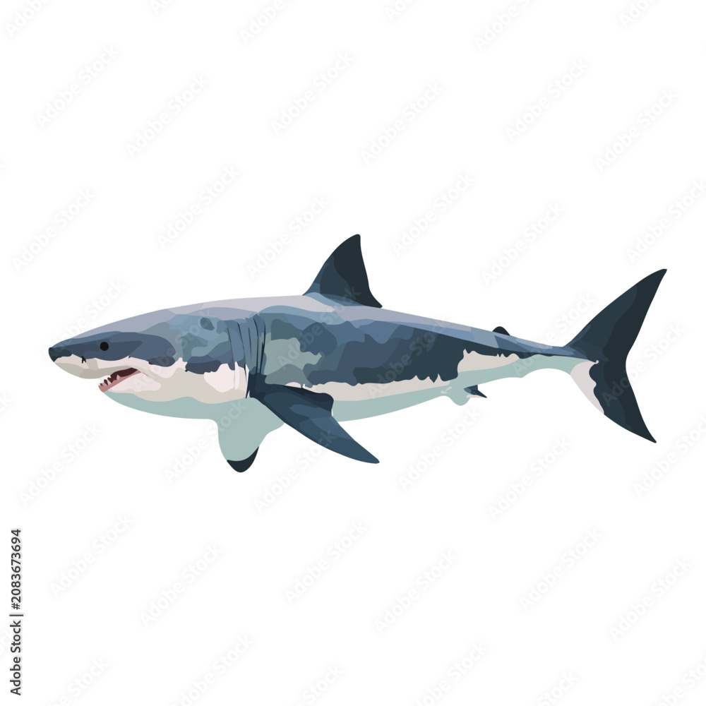 Fototapeta premium Modern flat 2D vector illustration of a Great White Shark, minimal design style on a white background.