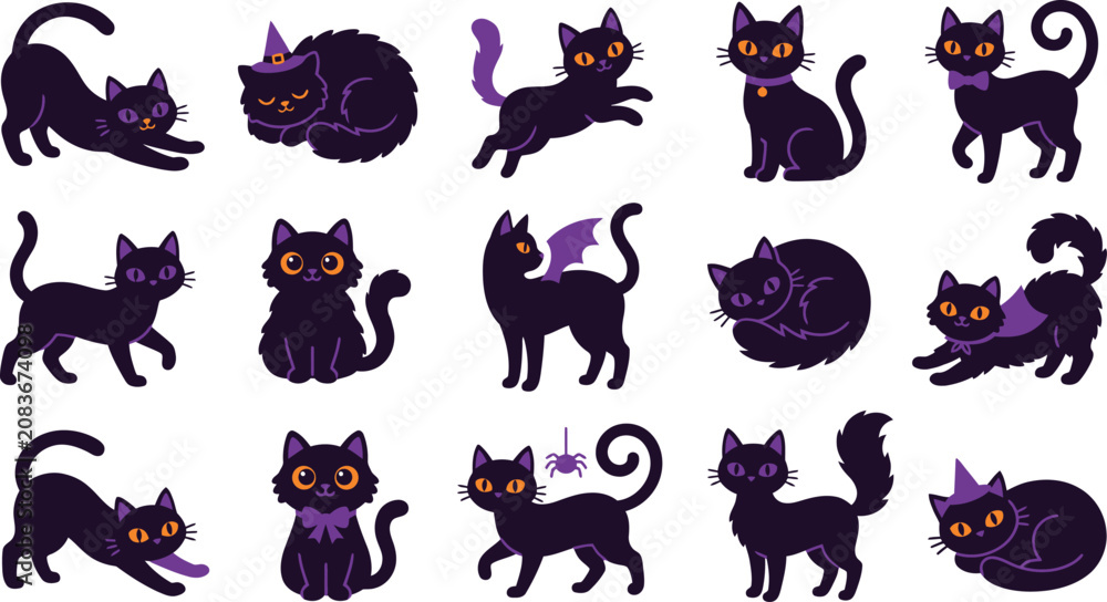 Obraz premium Halloween black cats collection diverse poses and styles for spooky season designs
