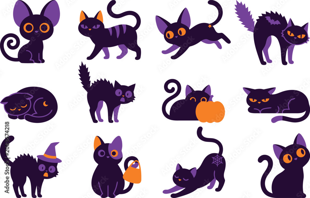 Obraz premium Halloween black cat clip art set in purple and orange