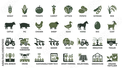 Принти на полотні Sustainable agriculture icons set, 32 smart farming vector symbols, organic food