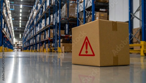 Logistics and Safety Concept Illustration Set Inside a Large Warehouse with a Cardboard Box Bearing a Red Warning Triangle Exclamation Mark on a Polished Concrete Floor