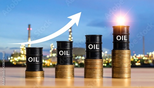 Financial and Energy Market Concept Illustration Depicting Rising Oil Prices with Miniature Oil Barrels Stacked on Increasing Piles of Coins and an Ascending Arrow Against a Blurred Refinery Backgroun