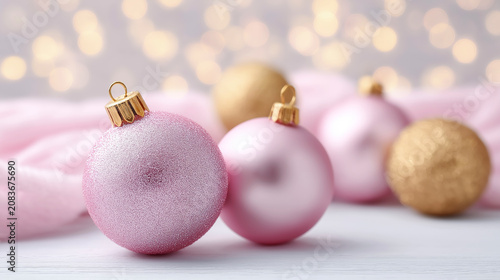 Pink and gold christmas balls on a white wooden table with soft pink blanket against blurred golden bokeh lights