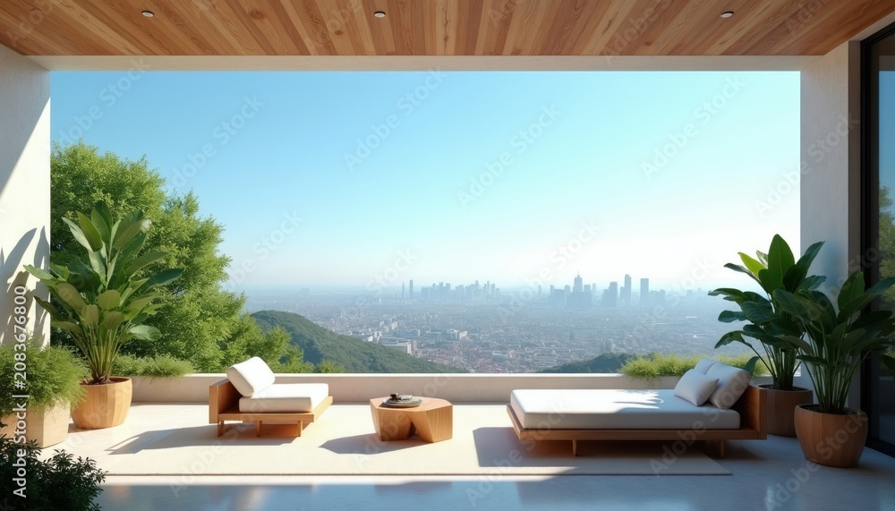 Fototapeta premium Modern patio with white furniture overlooks city skyline. Lush plants surround outdoor living space. Enjoy sun and tranquil views from comfortable lounge.