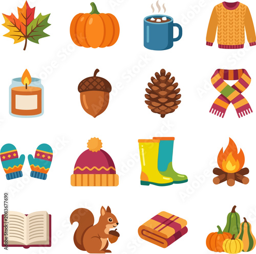 Autumn season objects and clothing icons on white background