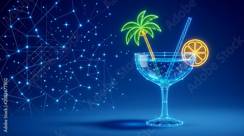Cocktail glass icon with glowing neon palm tree, orange slice, cyber digital network, futuristic summer party, tropical vacation and nightlife concept