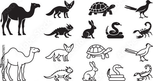 Black and white animal silhouettes and line art, various desert creatures
