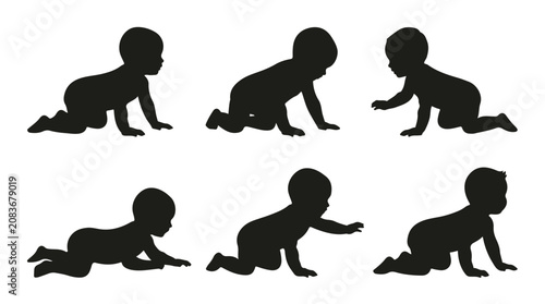 Baby crawling silhouettes in various positions on white background
