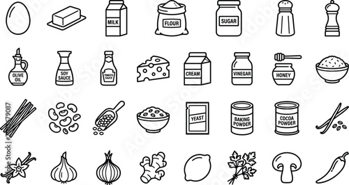 Foto Cooking ingredients and pantry staple vector icons with ingredient