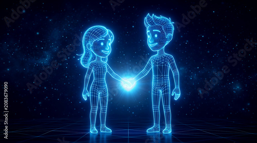 Handshake of boy and girl characters in digital network wireframe style holding hands against starry night sky, friendship, love and global connectivity concept