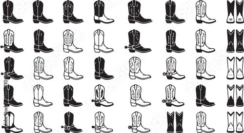 Collection of various cowboy boots, black and white illustration