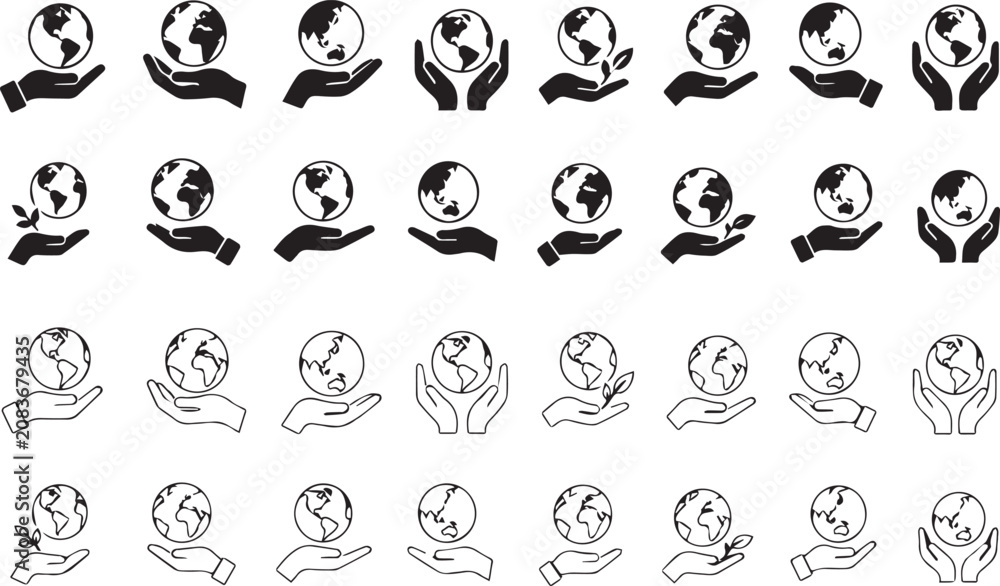 Obraz premium Earth Globe Icons in Hands, Black and White Illustrations