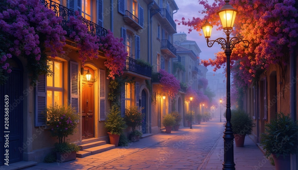 Fototapeta premium Old european street at dusk. Buildings with balconies have purple flowers. Street lamps light up cobblestone path. Evening city atmosphere, romantic and peaceful mood.
