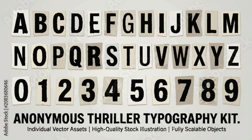 Anonymous thriller ransom note alphabet and number typography kit vector set