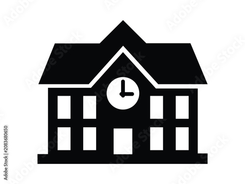 Simple black school building icon with clock