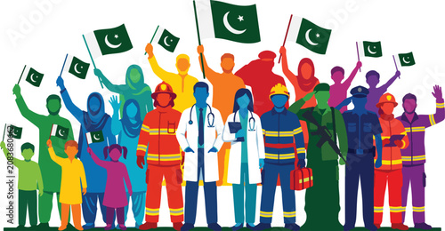 Diverse community of Pakistani people, a vibrant vector illustration of essential workers and citizens holding national flags, celebrating unity and patriotism