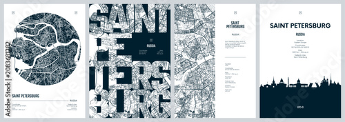 Set of travel posters with Saint Petersburg, detailed street plan city map, Silhouette city skyline, vector artwork