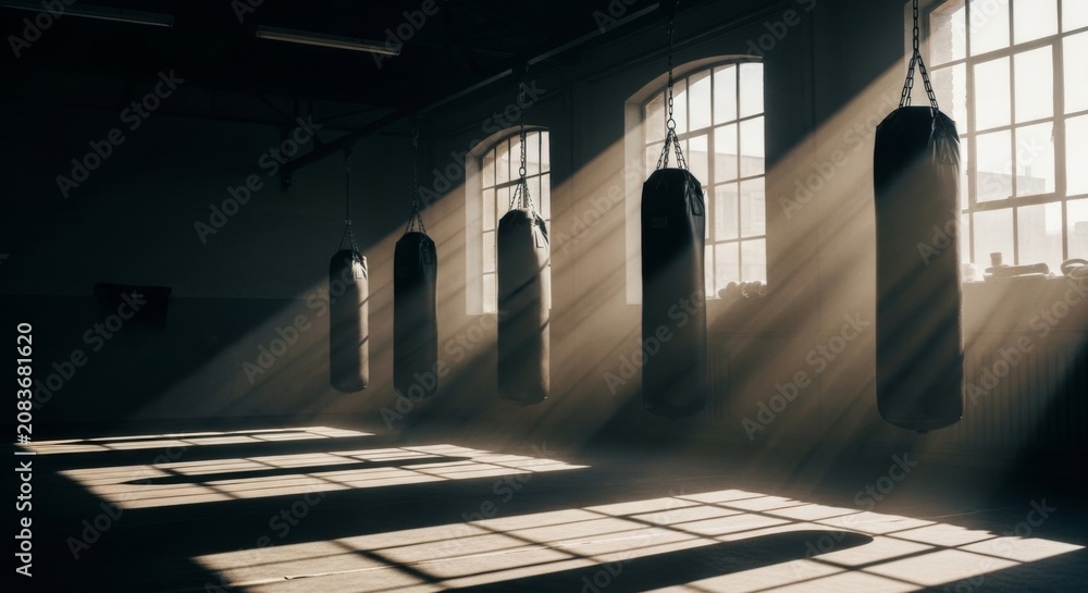 Fototapeta premium Boxing punching bags hang in a sunlit gym, casting dramatic shadows, symbolizing intense combat training and discipline.