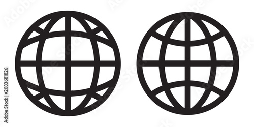 Set of simple black earth globe icons with latitude and longitude lines for web and graphic design.