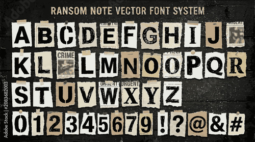 Ransom note vector font system with cutout letters on a dark textured wooden background