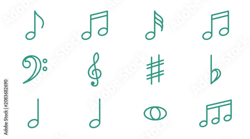 Fotografie Teal minimal musical note and notation line icons.
