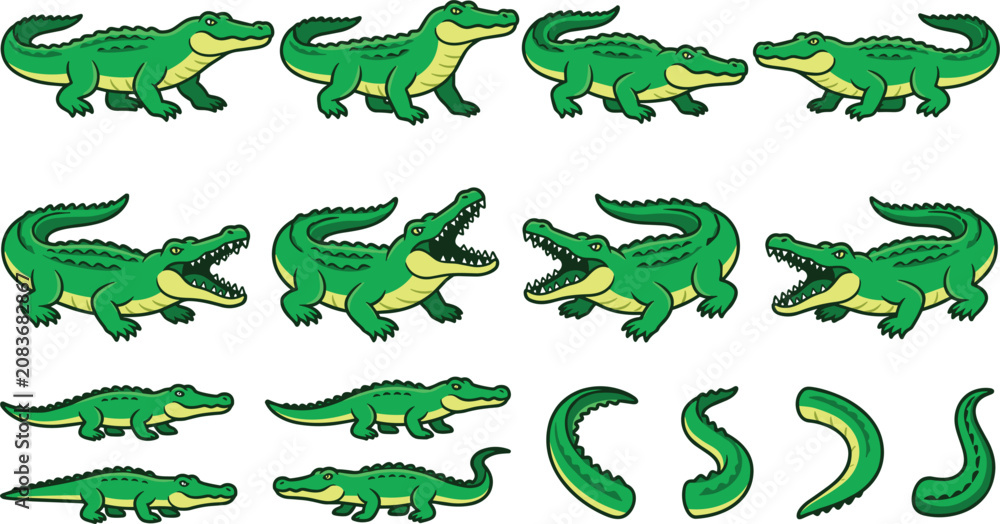 Fototapeta premium Cartoon Crocodile Character Animation Sprite Sheet Vector Set Featuring Green Alligator Poses, Roaring Mouths, and Separated Tails for Game Design Layouts