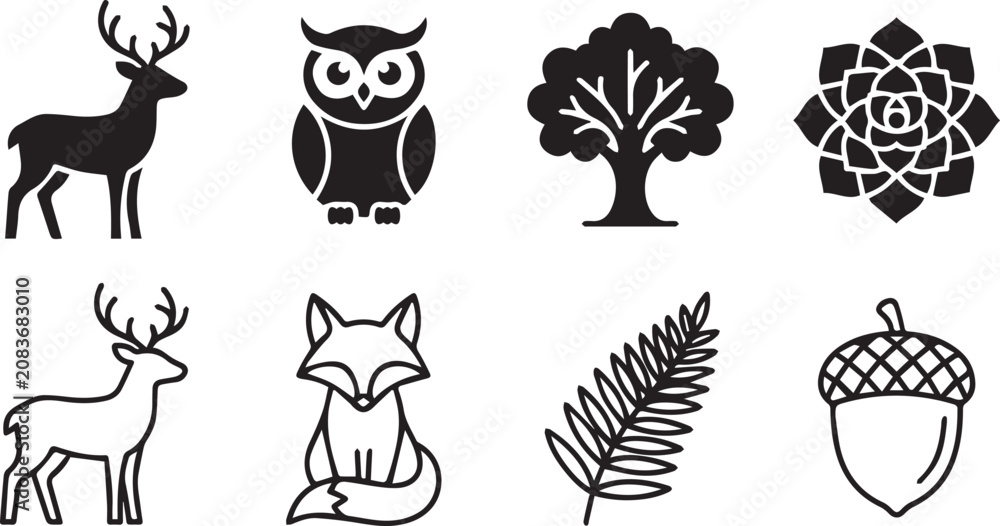 Fototapeta premium Black and white forest animal icons with trees and leaves