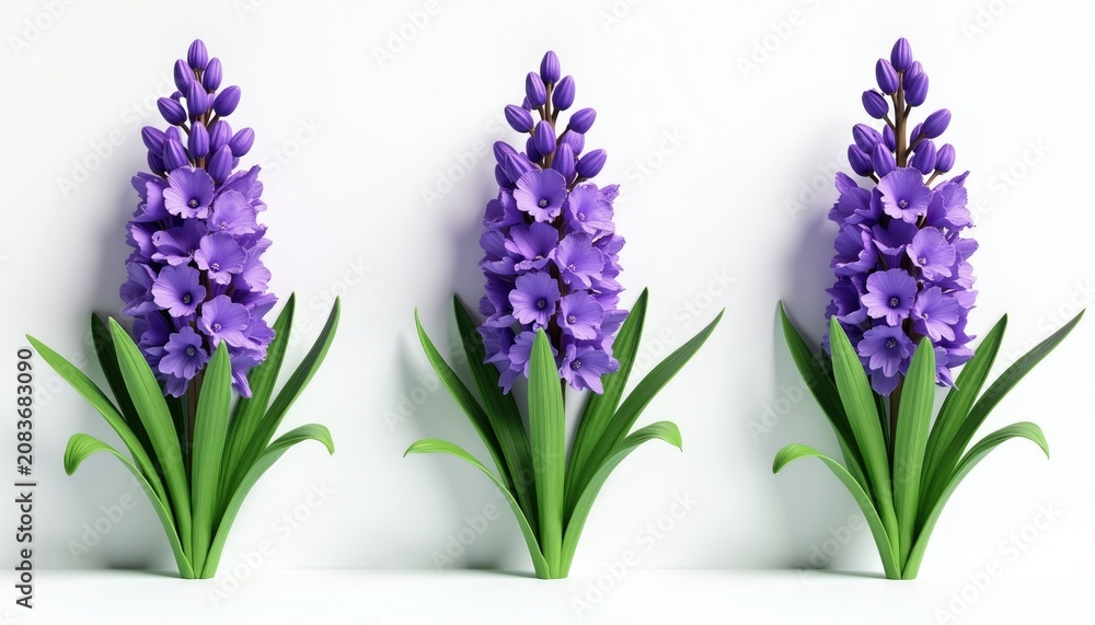 Obraz premium Three purple hyacinth flowers with green leaves stand tall against a clean white background. These spring blooms offer a fresh, vibrant look for any garden or floral theme. Perfect for nature art.