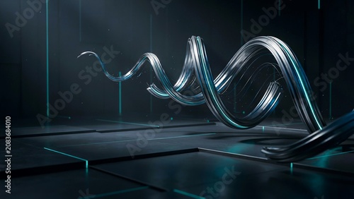 Abstract metallic spiral with teal light accents on dark geometric floor full hd 4k stock image download