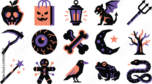 Schilderij op canvas Set of halloween themed spooky pixel art icons including a skull apple gargoyle