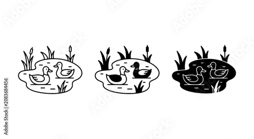 Φωτογραφία Three Duck Pond Icons, Vector Set: Outline, Silhouette, and Filled Styles for Na