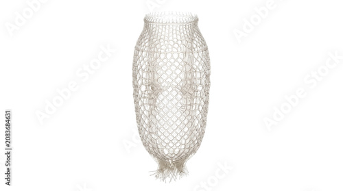 A macrame vase or holder made of rope with a textured pattern and decorative fringe